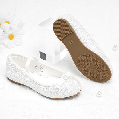 Girls Mary Jane Party Shoes – White Glitter Dress Flats with Pearl Bow, Sparkly Princess Shoes with Buckle Strap for Toddler & Little Kids