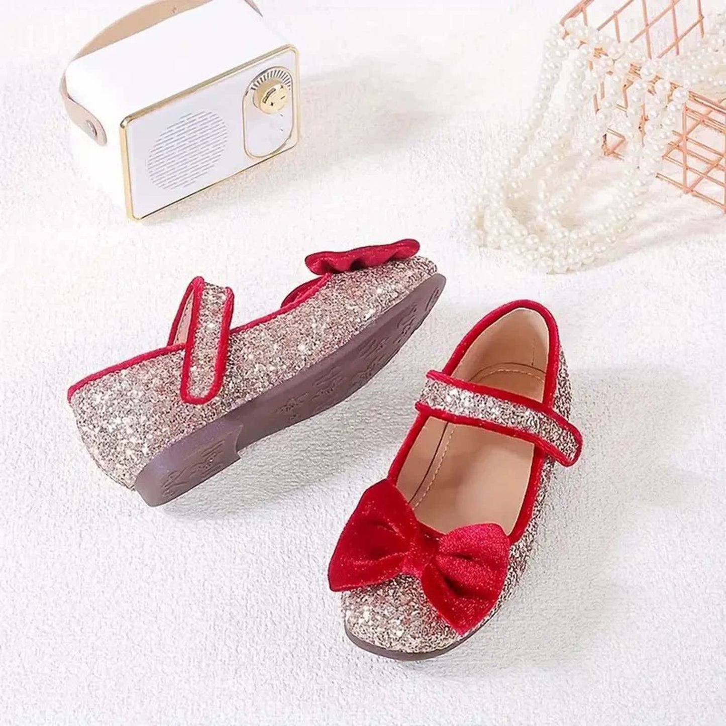 Girls Mary Jane Party Shoes with Sequin Glitter and Velvet Bow – Black Silver Dress Shoes with Buckle Strap for Toddler/Little Kids Birthday, Wedding, Performance