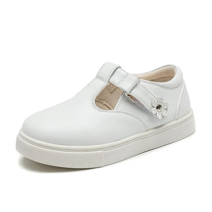 Girls White T-Strap Sneakers – Leather School Shoes with Flower Decoration, Non-Slip Rubber Sole, Casual Dress Shoes for Kids