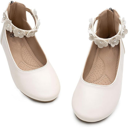 Girls Mary Jane Dress Shoes with Ankle Flower Strap and Pearls – Ivory Leather Toddler/Little Kids Party Wedding Performance Shoes