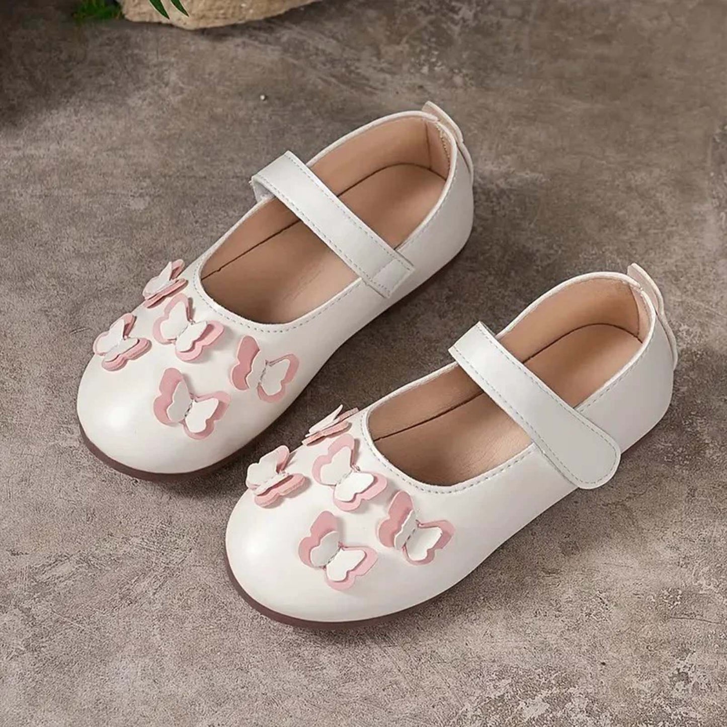 Girls Mary Jane Dress Shoes with Butterfly Accent – White Leather Toddler/Little Kids Flats with Adjustable Buckle Strap for Daily Wear and Party Outfits