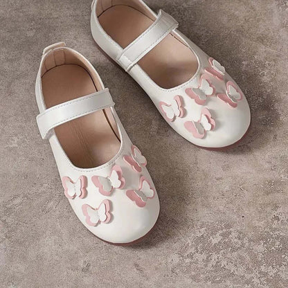 Girls Mary Jane Dress Shoes with Butterfly Accent – White Leather Toddler/Little Kids Flats with Adjustable Buckle Strap for Daily Wear and Party Outfits