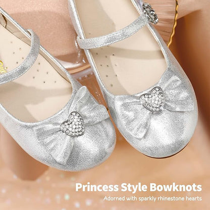 Girls Mary Jane Party Shoes – Silver Sparkly Dress Flats with Rhinestone Heart Bow, Shiny Princess Shoes with Buckle Strap for Toddler & Little Kids