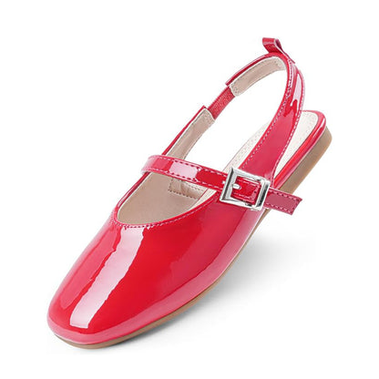 Girls Mary Jane Slingback Shoes – White Patent Leather Dress Flats with Buckle Strap, Cute Summer Shoes for School, Party, Daily Wear