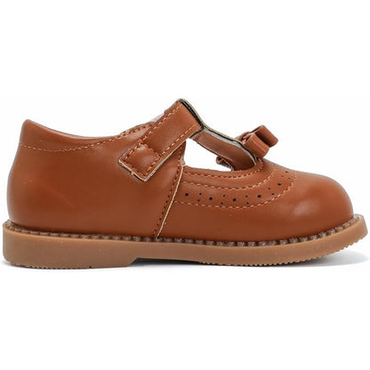 Girls Mary Jane School Shoes with T-Strap and Bow – Brown Leather Toddler/Little Kids Dress Shoes with Buckle Closure and Breathable Cutout Design