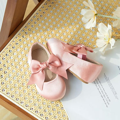 Girls Princess Mary Jane Shoes – Pink Satin Dress Shoes with Big Bow, Cute Party Ballet Flats for Weddings, Birthdays, Dance Performances