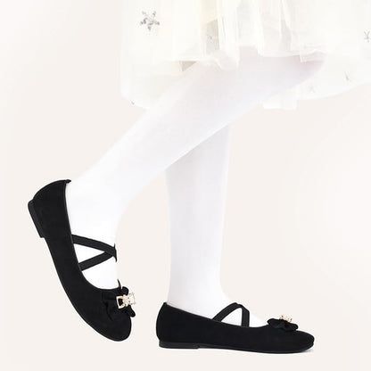 Girls Mary Jane Flats – Black Suede Dress Shoes with Cross Straps and Bow Metal Accent, Comfortable Ballet Flats for Party, Performance, or Daily Wear