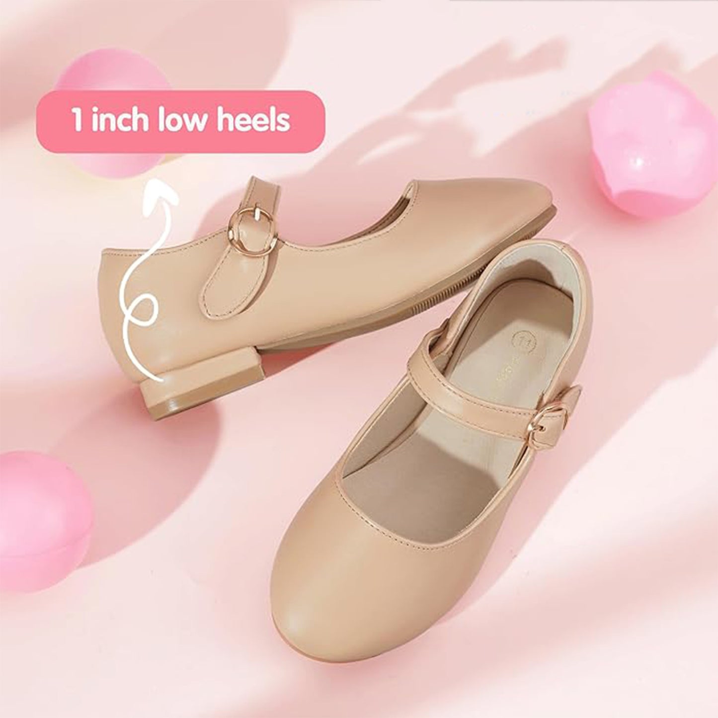Girls Mary Jane Flats – Nude Pink Leather Dress Shoes with Adjustable Buckle Strap, Cute Daily Princess Shoes for Toddlers & Little Kids