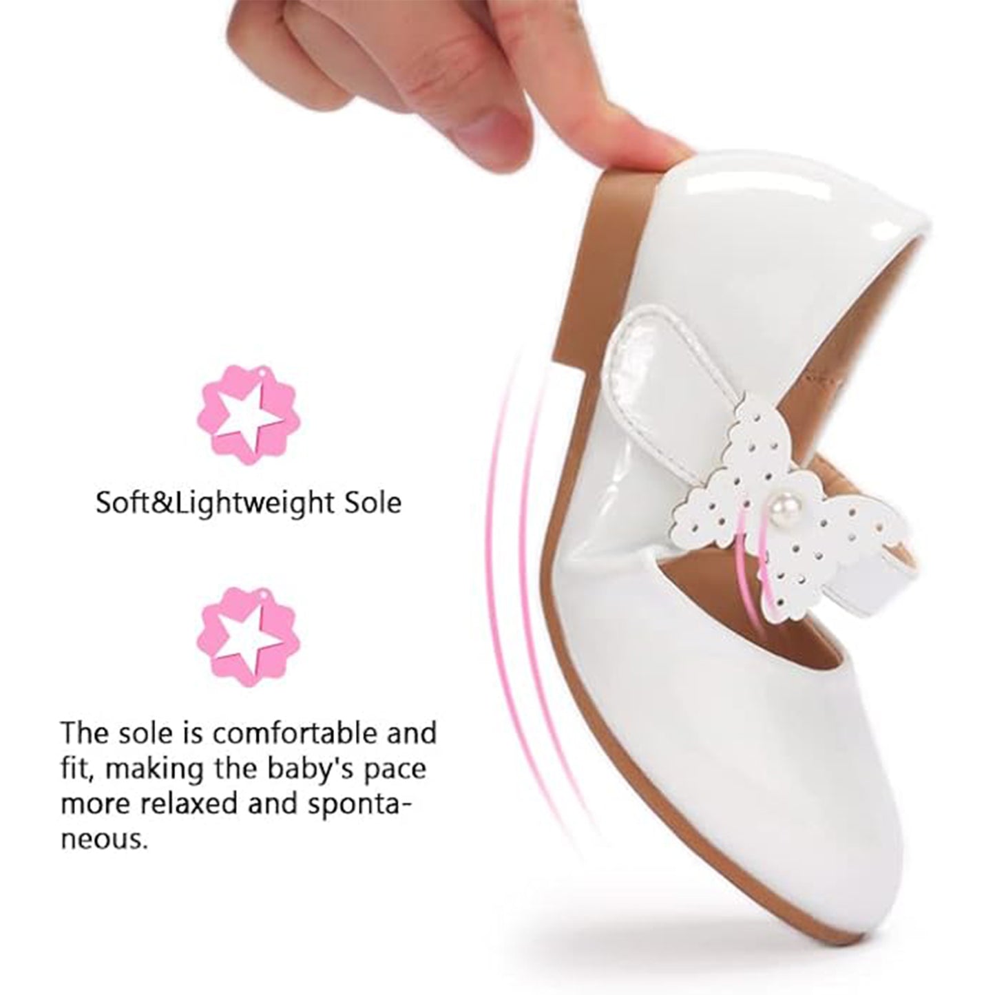 Girls Mary Jane Shoes – White Patent Leather Dress Shoes with Butterfly Pearl Decoration, Low Heel Princess Flats for Party, Daily Wear