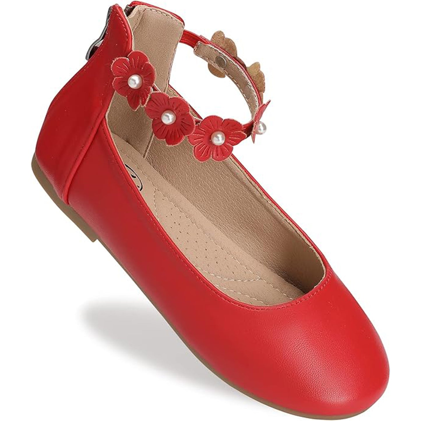 Girls Mary Jane Dress Shoes with Ankle Flower Strap and Pearls – Ivory Leather Toddler/Little Kids Party Wedding Performance Shoes