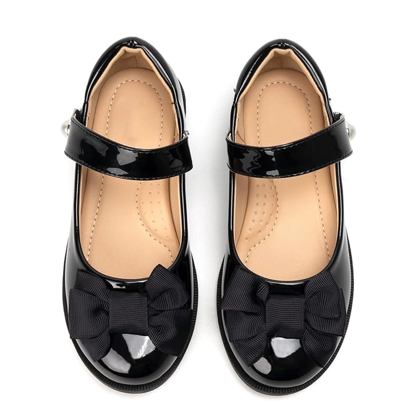 Girls Mary Jane Shoes – Black Patent Leather Flats with Bow & Pearl Buckle, Dress Shoes for School, Parties, and Formal Occasions