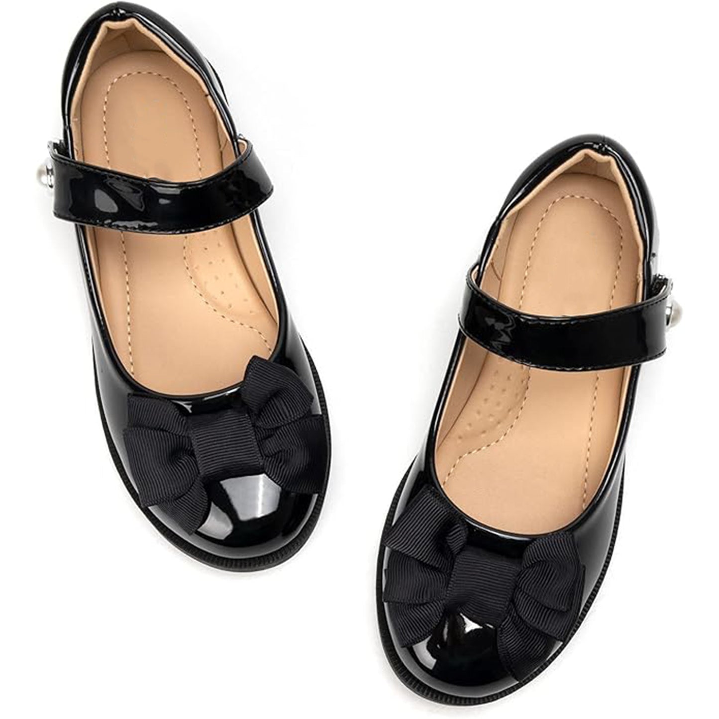 Girls Mary Jane Shoes – Black Patent Leather Flats with Bow & Pearl Buckle, Dress Shoes for School, Parties, and Formal Occasions
