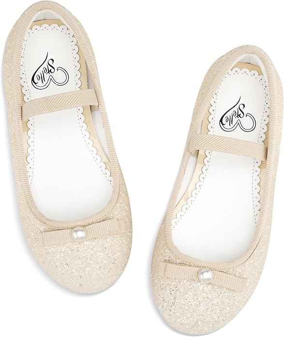 Girls Mary Jane Party Shoes – White Glitter Dress Flats with Pearl Bow, Sparkly Princess Shoes with Buckle Strap for Toddler & Little Kids