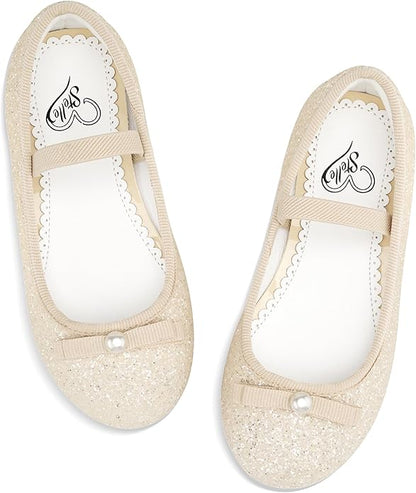 Girls Mary Jane Party Shoes – White Glitter Dress Flats with Pearl Bow, Sparkly Princess Shoes with Buckle Strap for Toddler & Little Kids