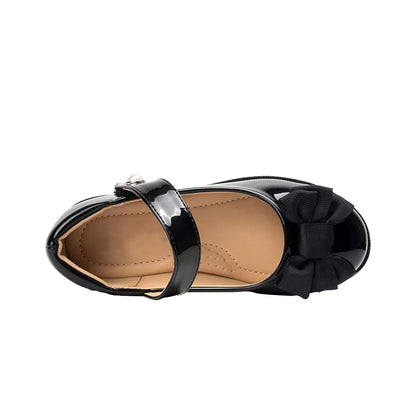 Girls Mary Jane Shoes – Black Patent Leather Flats with Bow & Pearl Buckle, Dress Shoes for School, Parties, and Formal Occasions
