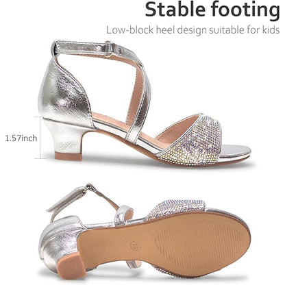 Girls Silver High Heel Sandals – Sparkly Rhinestone Dress Shoes with Cross Straps, Chunky Mid Heel Party Wedding Shoes for Kids