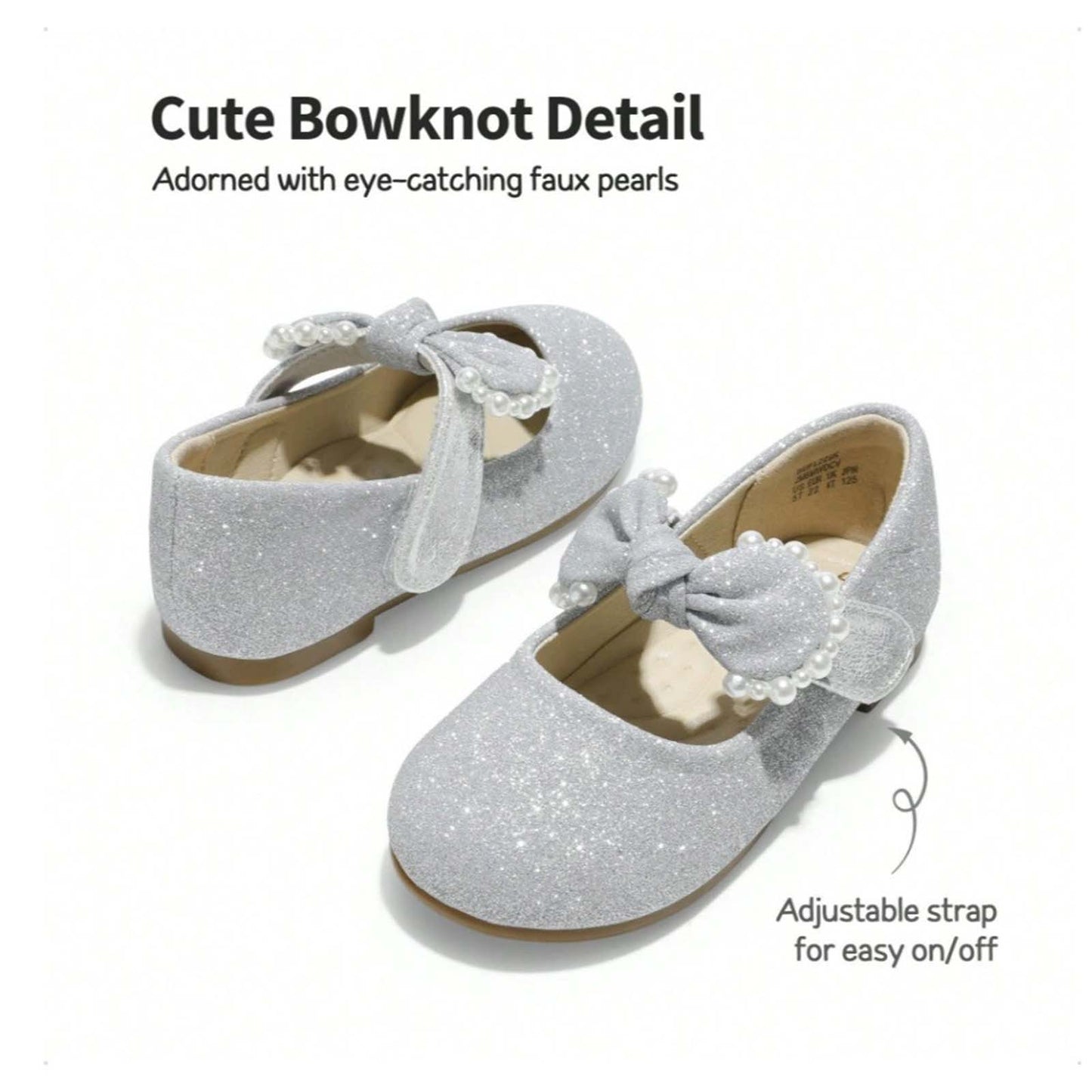 Girls Mary Jane Party Shoes with Glitter Sequins and Pearl Bow – Elegant Silver Gray Dress Shoes with Buckle Strap for Toddler/Little Kids Birthday, Wedding, Performance