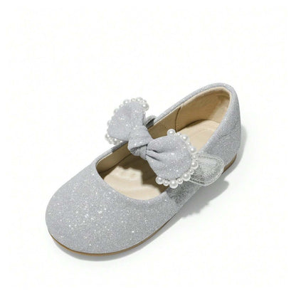 Girls Mary Jane Party Shoes with Glitter Sequins and Pearl Bow – Elegant Silver Gray Dress Shoes with Buckle Strap for Toddler/Little Kids Birthday, Wedding, Performance