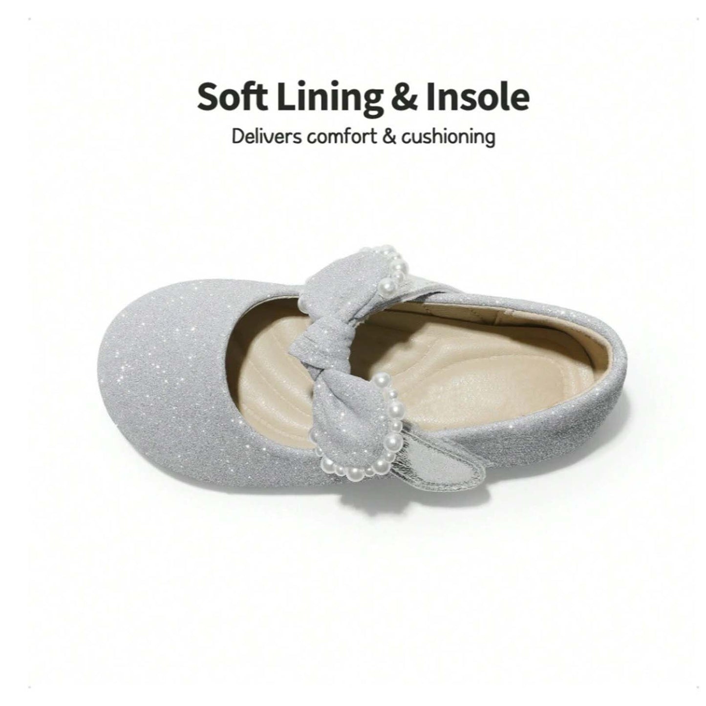 Girls Mary Jane Party Shoes with Glitter Sequins and Pearl Bow – Elegant Silver Gray Dress Shoes with Buckle Strap for Toddler/Little Kids Birthday, Wedding, Performance