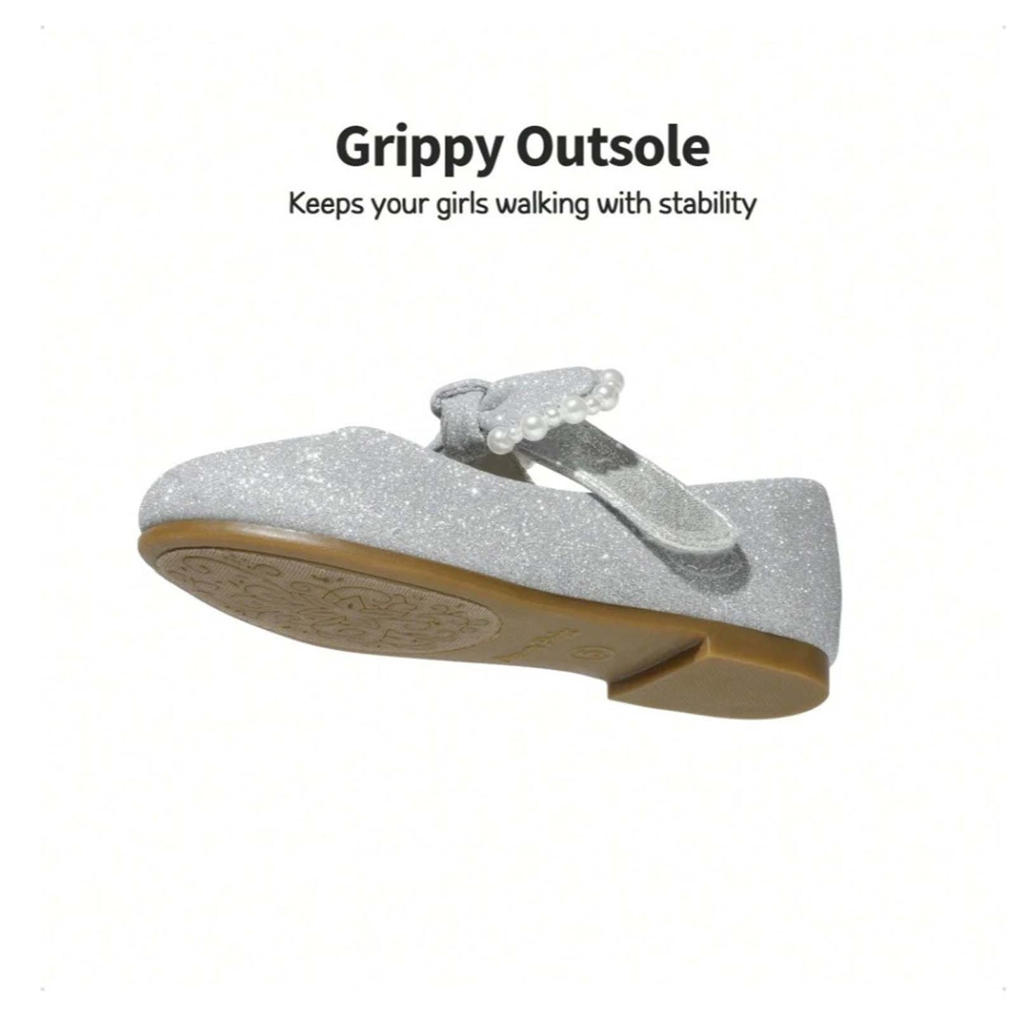 Girls Mary Jane Party Shoes with Glitter Sequins and Pearl Bow – Elegant Silver Gray Dress Shoes with Buckle Strap for Toddler/Little Kids Birthday, Wedding, Performance