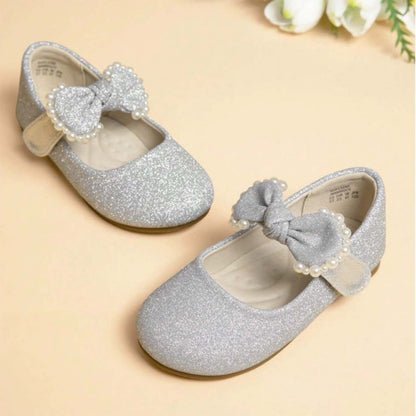 Girls Mary Jane Party Shoes with Glitter Sequins and Pearl Bow – Elegant Silver Gray Dress Shoes with Buckle Strap for Toddler/Little Kids Birthday, Wedding, Performance