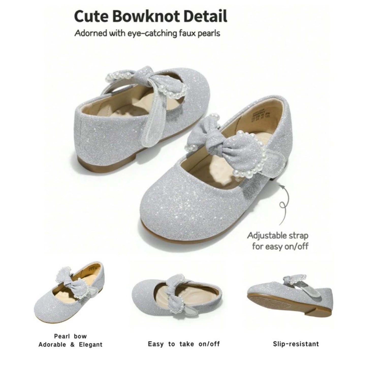 Girls Mary Jane Party Shoes with Glitter Sequins and Pearl Bow – Elegant Silver Gray Dress Shoes with Buckle Strap for Toddler/Little Kids Birthday, Wedding, Performance