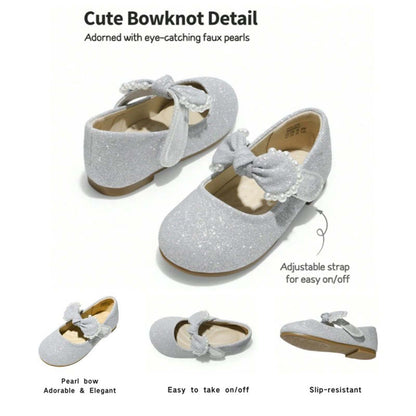 Girls Mary Jane Party Shoes with Glitter Sequins and Pearl Bow – Elegant Silver Gray Dress Shoes with Buckle Strap for Toddler/Little Kids Birthday, Wedding, Performance