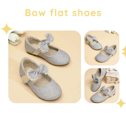 Girls Mary Jane Party Shoes with Glitter Sequins and Pearl Bow – Elegant Silver Gray Dress Shoes with Buckle Strap for Toddler/Little Kids Birthday, Wedding, Performance
