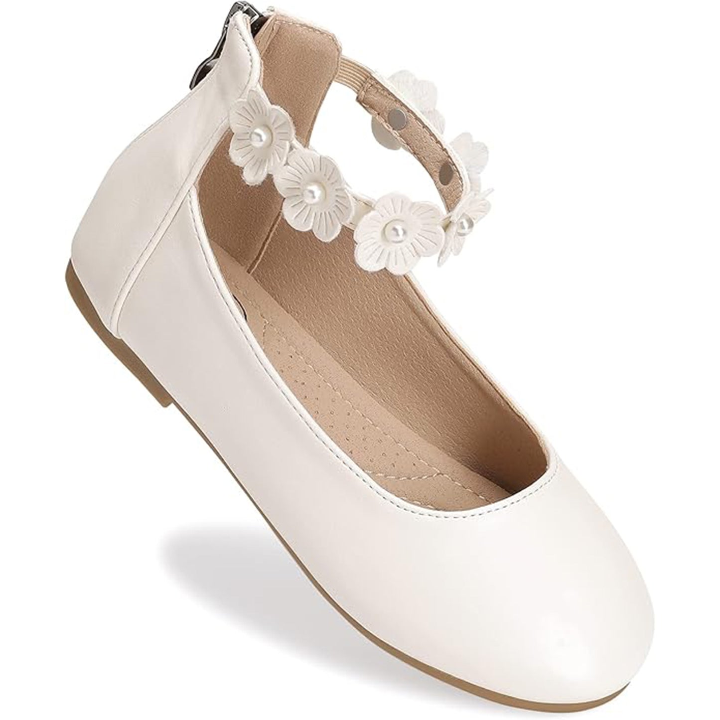 Girls Mary Jane Dress Shoes with Ankle Flower Strap and Pearls – Ivory Leather Toddler/Little Kids Party Wedding Performance Shoes
