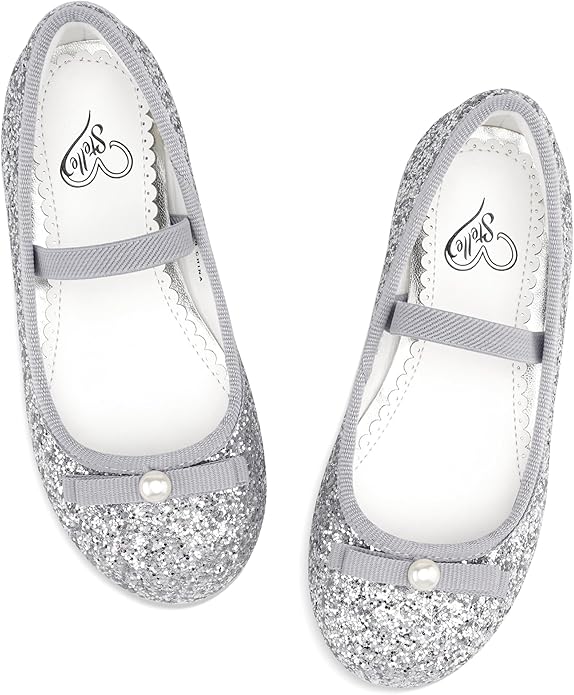 Girls Mary Jane Party Shoes – White Glitter Dress Flats with Pearl Bow, Sparkly Princess Shoes with Buckle Strap for Toddler & Little Kids
