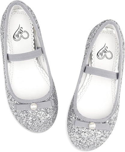 Girls Mary Jane Party Shoes – White Glitter Dress Flats with Pearl Bow, Sparkly Princess Shoes with Buckle Strap for Toddler & Little Kids
