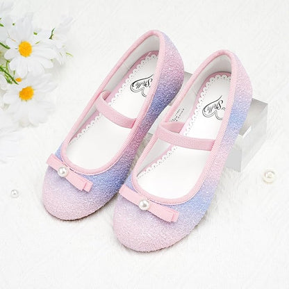 Girls Mary Jane Party Shoes – White Glitter Dress Flats with Pearl Bow, Sparkly Princess Shoes with Buckle Strap for Toddler & Little Kids