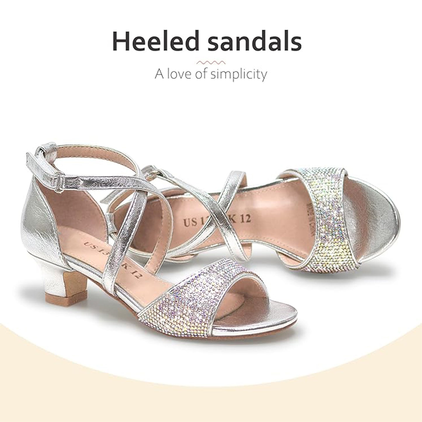 Girls Silver High Heel Sandals – Sparkly Rhinestone Dress Shoes with Cross Straps, Chunky Mid Heel Party Wedding Shoes for Kids