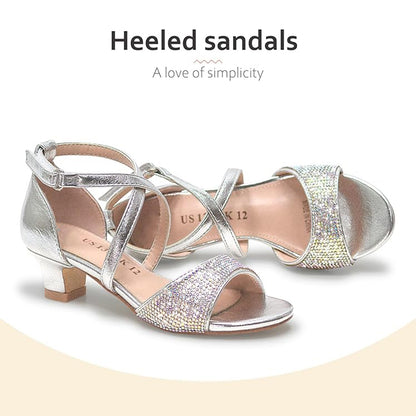 Girls Silver High Heel Sandals – Sparkly Rhinestone Dress Shoes with Cross Straps, Chunky Mid Heel Party Wedding Shoes for Kids