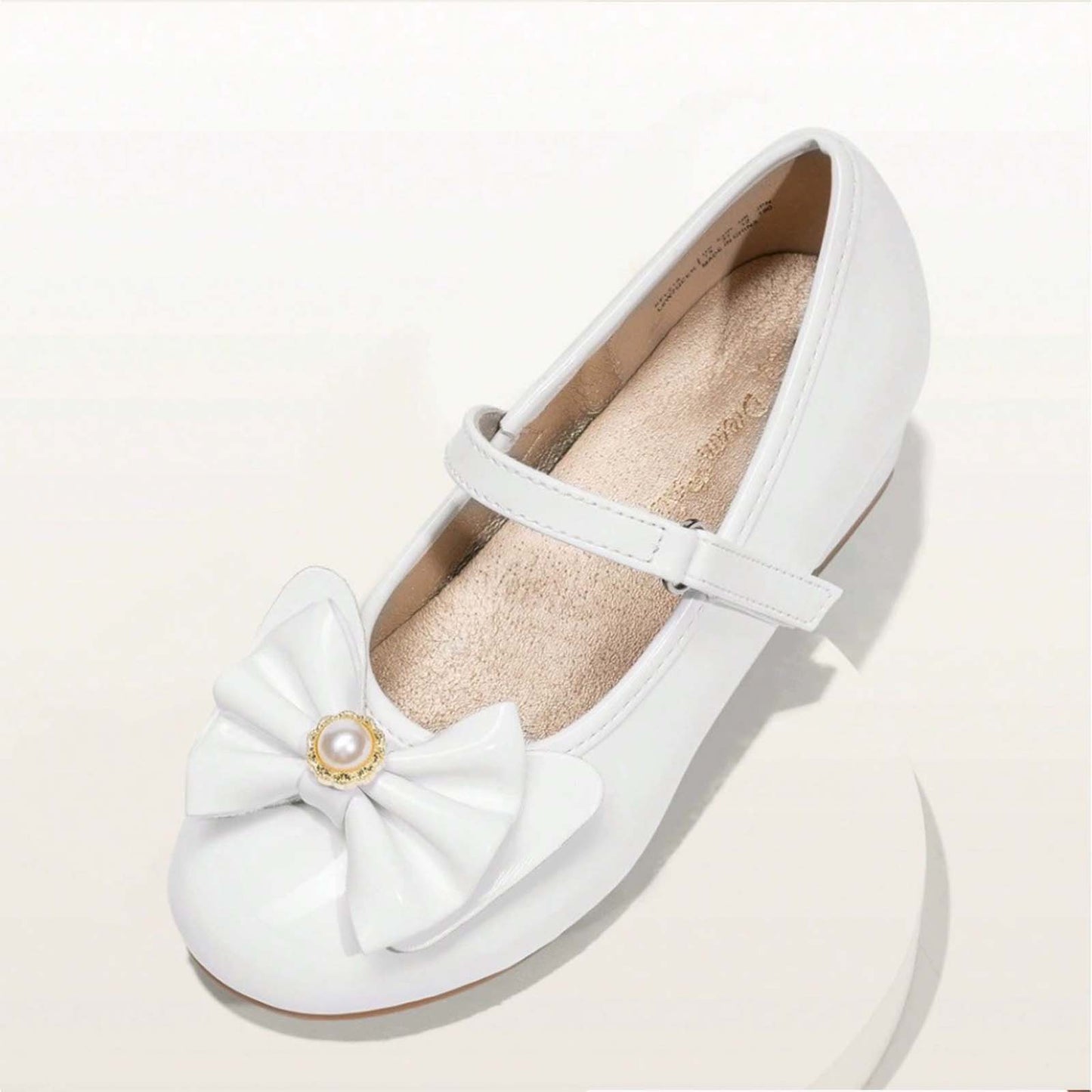 Girls Mary Jane Dress Shoes with Low Heels and Pearl Bow – White Leather Toddler/Little Kids Party Wedding Performance Shoes with Buckle Strap