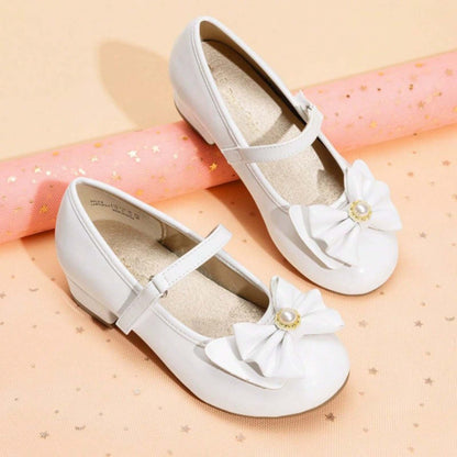 Girls Mary Jane Dress Shoes with Low Heels and Pearl Bow – White Leather Toddler/Little Kids Party Wedding Performance Shoes with Buckle Strap