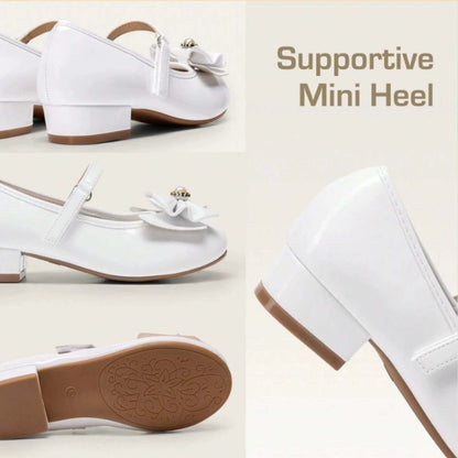 Girls Mary Jane Dress Shoes with Low Heels and Pearl Bow – White Leather Toddler/Little Kids Party Wedding Performance Shoes with Buckle Strap