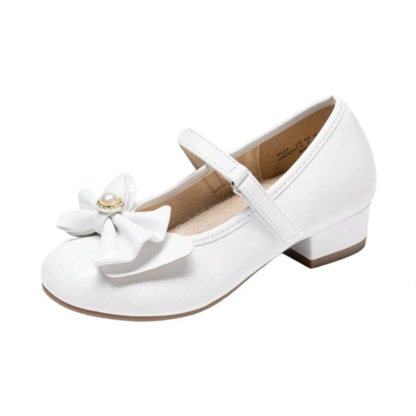 Girls Mary Jane Dress Shoes with Low Heels and Pearl Bow – White Leather Toddler/Little Kids Party Wedding Performance Shoes with Buckle Strap
