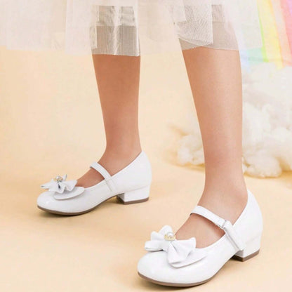 Girls Mary Jane Dress Shoes with Low Heels and Pearl Bow – White Leather Toddler/Little Kids Party Wedding Performance Shoes with Buckle Strap