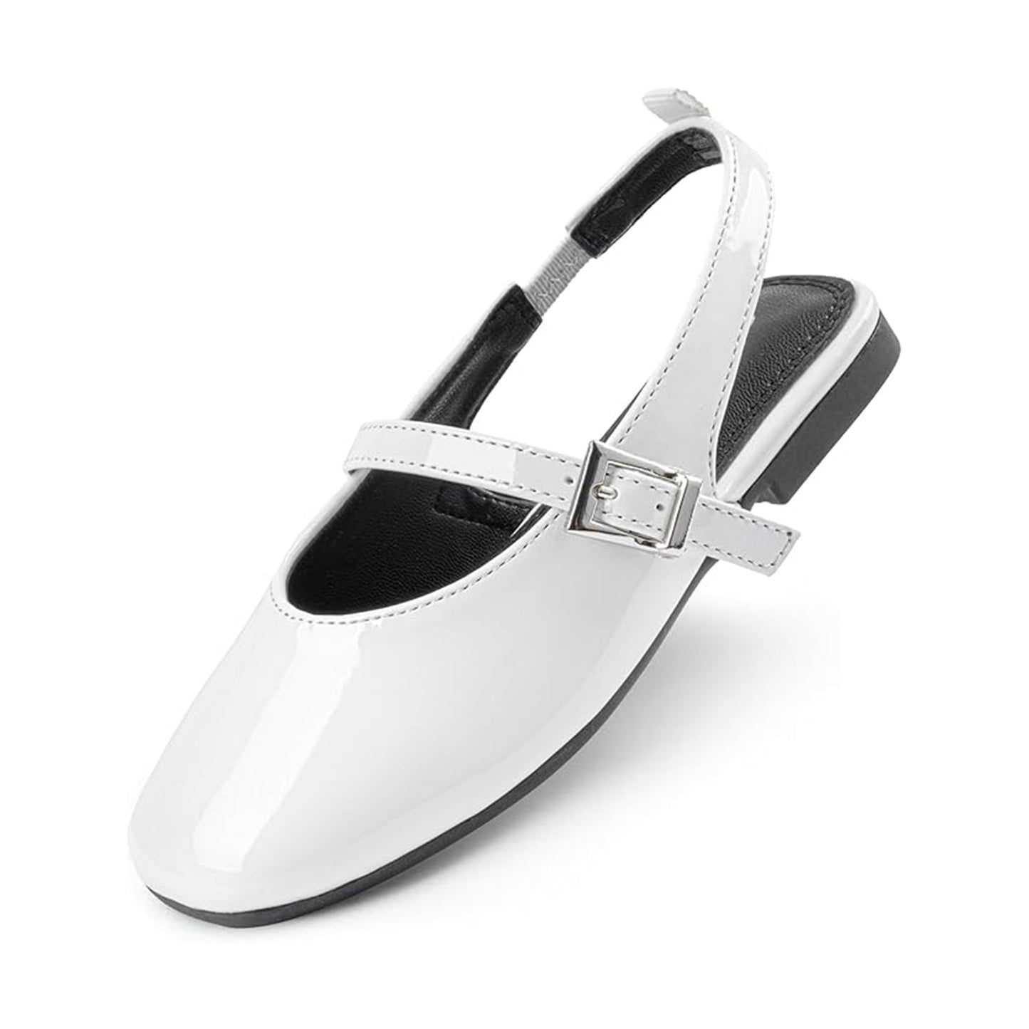 Girls Mary Jane Slingback Shoes – White Patent Leather Dress Flats with Buckle Strap, Cute Summer Shoes for School, Party, Daily Wear