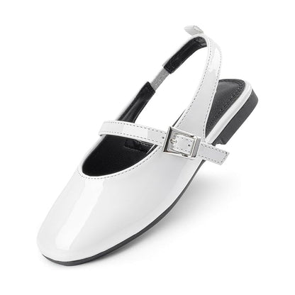 Girls Mary Jane Slingback Shoes – White Patent Leather Dress Flats with Buckle Strap, Cute Summer Shoes for School, Party, Daily Wear