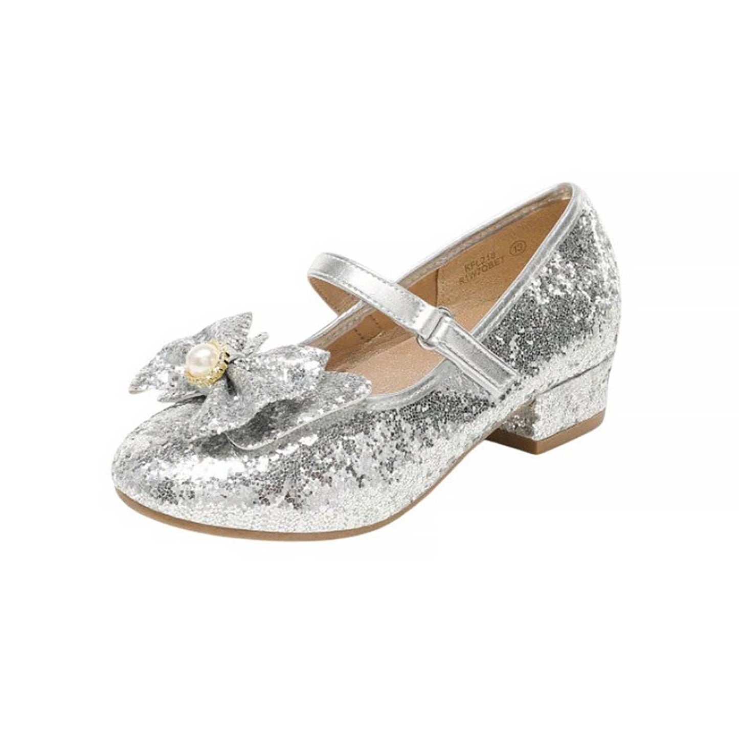 Girls Glitter Mary Jane Dress Shoes with Low Heels and Pearl Bow – Sparkly Silver Party Wedding Performance Shoes with Buckle Strap for Toddler/Little Kids