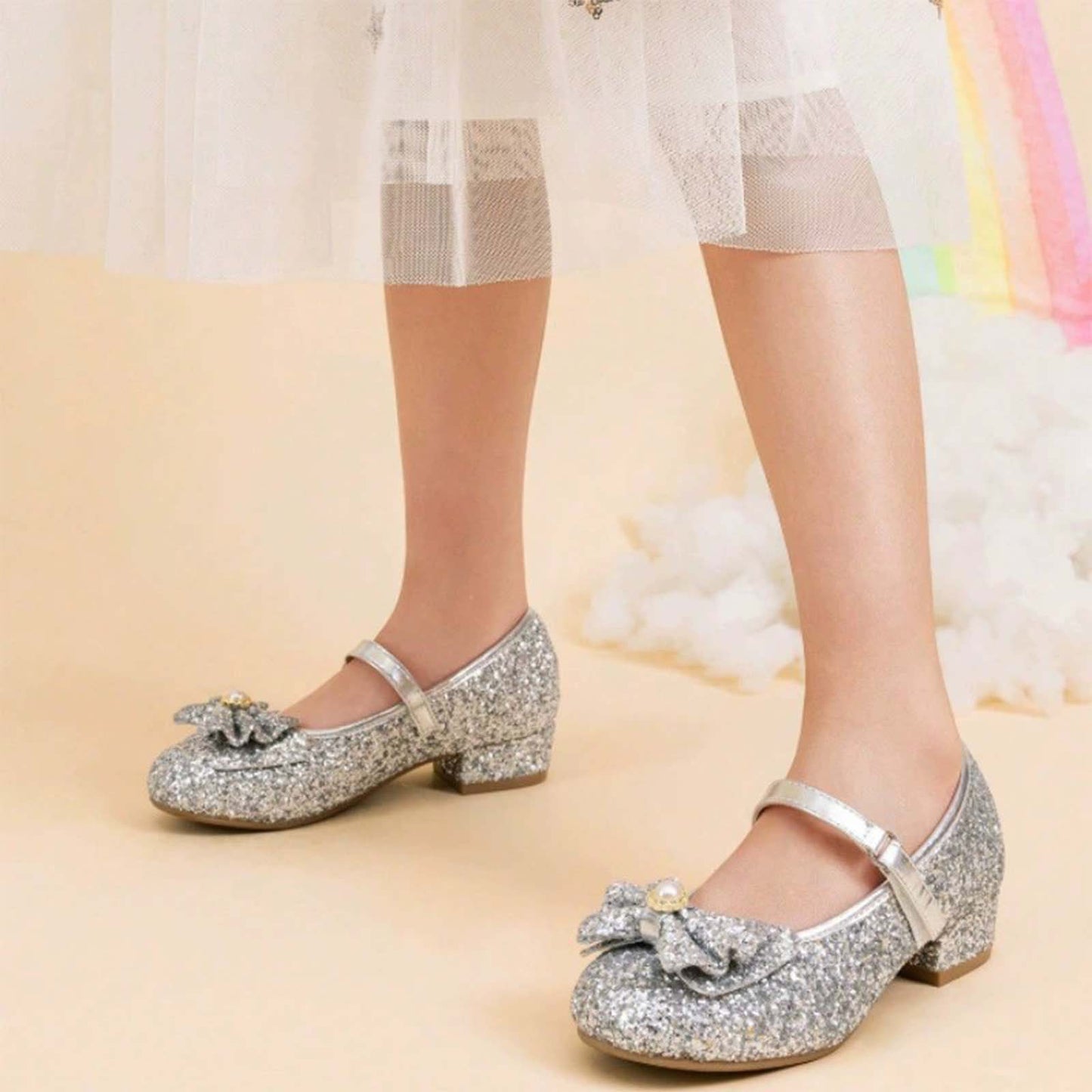 Girls Glitter Mary Jane Dress Shoes with Low Heels and Pearl Bow – Sparkly Silver Party Wedding Performance Shoes with Buckle Strap for Toddler/Little Kids
