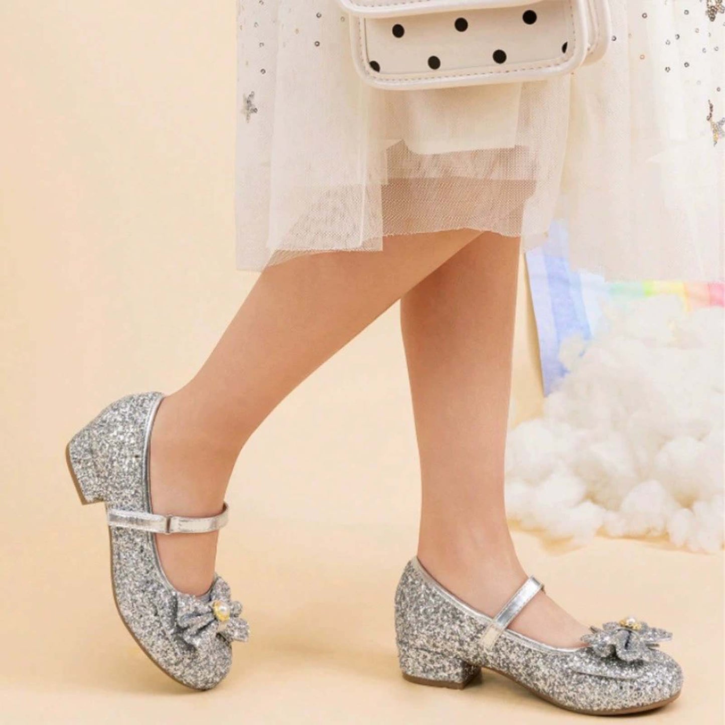Girls Glitter Mary Jane Dress Shoes with Low Heels and Pearl Bow – Sparkly Silver Party Wedding Performance Shoes with Buckle Strap for Toddler/Little Kids