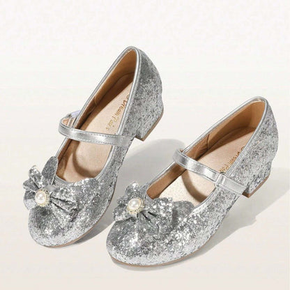 Girls Glitter Mary Jane Dress Shoes with Low Heels and Pearl Bow – Sparkly Silver Party Wedding Performance Shoes with Buckle Strap for Toddler/Little Kids